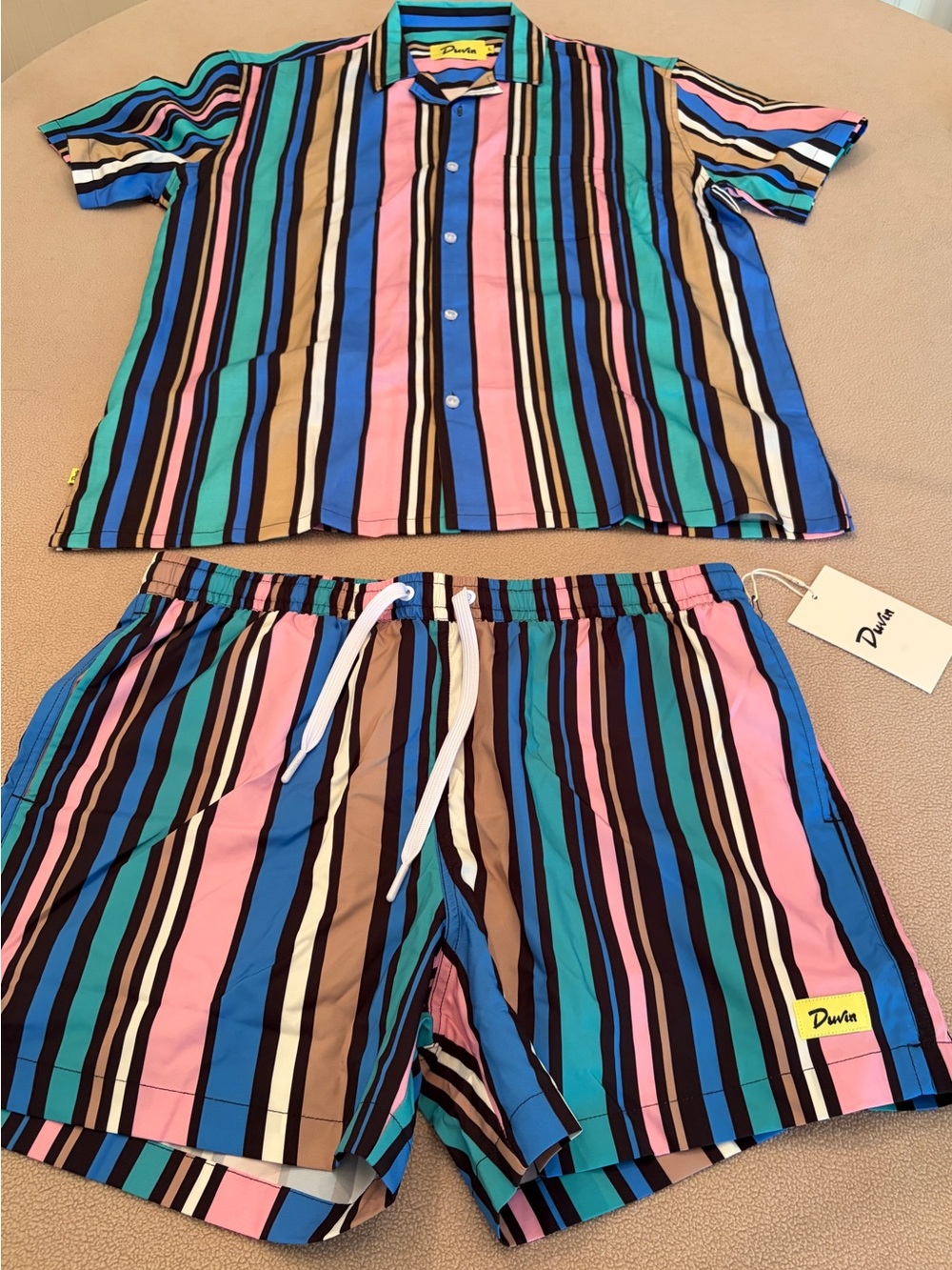 Duvin Multicolor Vertical Stripe Men’s Shorts Volley Set - Pink, Blue,Green